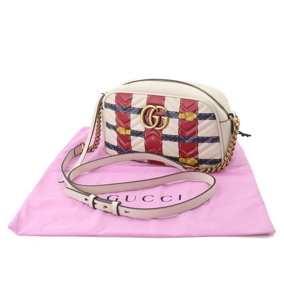 GUCCI GG Marmont Quilted Small Chain Shoulder Bag Leather Ivory Red Navy 447632 - Picture 8 of 9